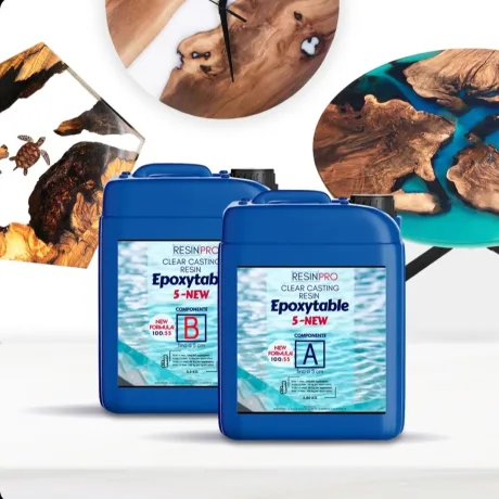 Υγρό γυαλί EPOXYTABLE 5 για χύτευση έως 5cm. Προϊόν του γνωστού Ιταλικού οίκου RESIN PRO. Απόλυτα ασφαλές, μη τοξικό και με εξαιρετικές ιδιότητες. Ιδανικό για κατασκευή τραπεζιών από ξύλο και ρητίνη.
